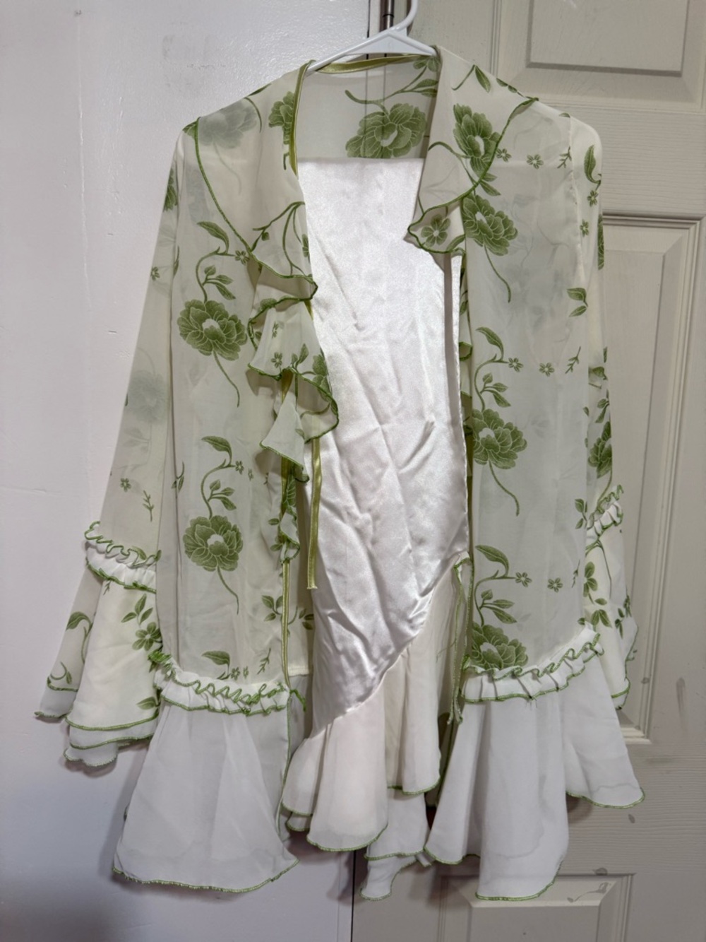 Sheer Floral Ruffled Kimono Jacket in Green and White
